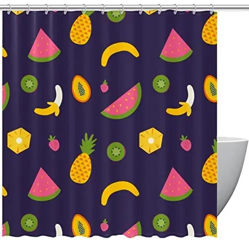 Produktbild: Stoff-Duschvorhang, wasserdichtes Design, Polyester, schnell trocknend, Duschvorhänge-Set für Badezimmer,Cartoon Banane Ananas Wassermelone Kiwi
