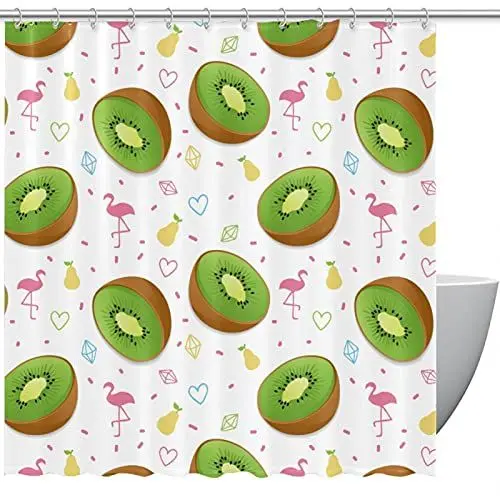 Produktbild: Stoff-Duschvorhang, wasserdichtes Design, Polyester, schnell trocknend, Duschvorhänge-Set für Badezimmer,Kiwi Frucht Flamingo Ananas