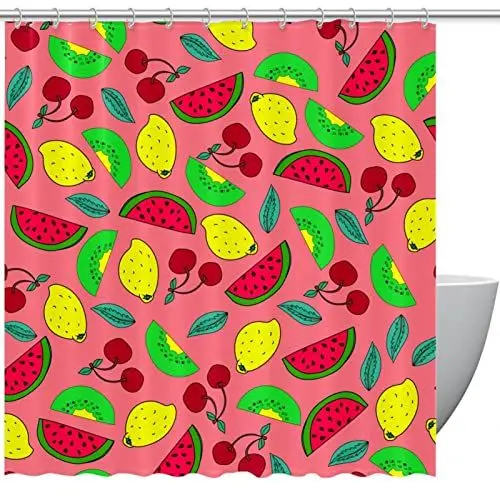Produktbild: Stoff-Duschvorhang, wasserdichtes Design, Polyester, schnell trocknend, Duschvorhänge-Set für Badezimmer,Obst Wassermelone Zitrone Kiwi