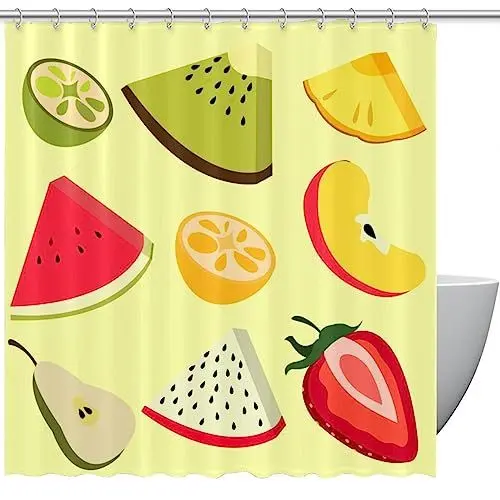 Produktbild: Stoff-Duschvorhang, wasserdichtes Design, Polyester, schnell trocknend, Duschvorhänge-Set für Badezimmer,Wassermelone, Erdbeere, Kiwi, Ananas, Frucht, Cartoon