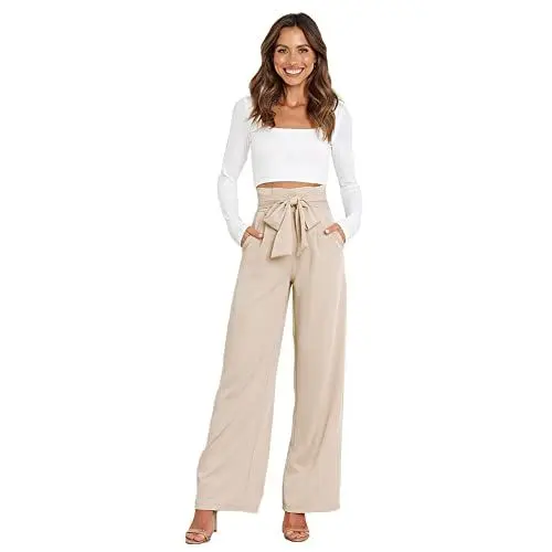 Produktbild: Stoffhose Damen Hohe Taille Palazzo Hose Casual Paperbag Hose Weite Beine Anzughose Elegant Leichte Elastische Taille High Waist Schleife Gürtel Business Hose mit Taschen Sommer Herbst Aprikose M