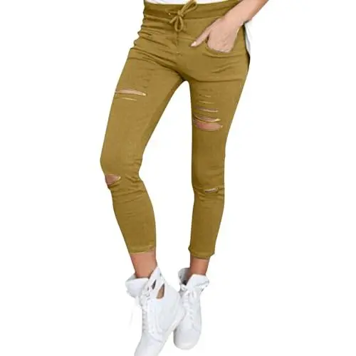 Produktbild: Stoffhose Damen Schwarz Business Damen Hose Zerrissene Damenhose mit hoher Taille, schmale Stretch-Bleistifthose Damen Hosen High Waist Locker Damen Bluse (Khaki, XL)