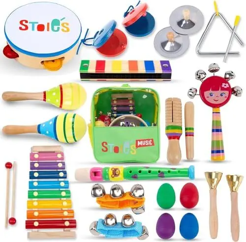 Produktbild: Stoie's Musikinstrumente Kinder ab 3 Jahre 26-teiliges Montessori Instrumente Kinder Rasseleier Baby Klanghölzer Musikspielzeug Trommel Musik Instrumenten