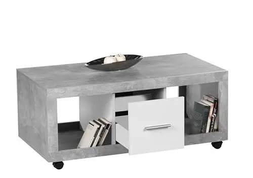 Produktbild: STONE Moderner Couchtisch auf Rollen in Beton Optik, Weiß - mobiler Sofatisch mit Ablagefächern & Schubladen für Ihren Wohnbereich - 115 x 50 x 60 cm (B/H/T)