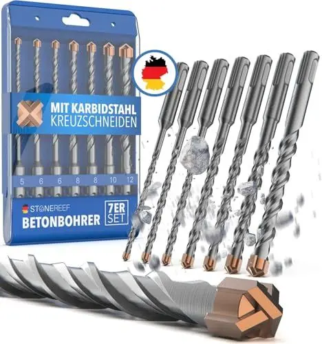 Produktbild: STONE REEF® SDS Plus Betonbohrer – 7-teilig inkl. Kassette – Ø 5, 6, 6, 8, 8, 10, 12 mm x 156 mm – Profi Bohrset für Beton, Stein & Mauerwerk