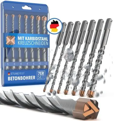 Produktbild: STONE REEF Betonbohrer Set Profi - (7-teilig inkl. Bohrerkassette) - SDS Plus Bohrer Set Ø 5mm, 6mm, 8mm, 10mm, 12mm x 160mm