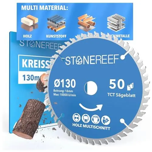 Produktbild: STONE REEF Sägeblatt 130x16 - Kreissägeblatt (inkl. Adapter auf Bohrung 20 &16mm), kompatibel mit Winkelschleifer von Bosch, Makita usw. - Sägeblatt Kreissäge Nagelfest - für Holz, Metall & Alu