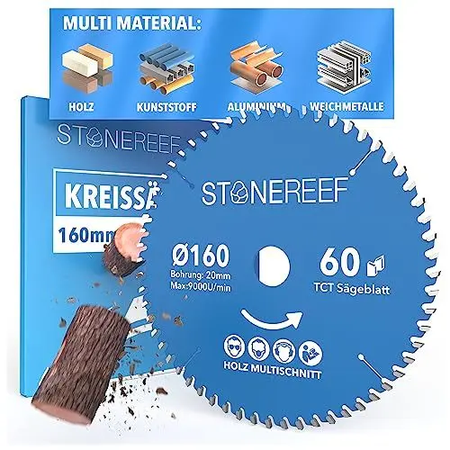 Produktbild: STONE REEF Sägeblatt 160x20 - Kreissägeblatt (inkl. Adapter auf Bohrung 20 &16mm), kompatibel mit Winkelschleifer von Bosch, Makita usw. - Sägeblatt Kreissäge Nagelfest - für Holz, Metall & Alu