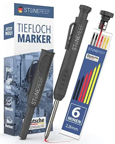 Produktbild: STONE REEF Tieflochmarker Profi (inkl. Köcher) - Bleistift Baustelle, Zimmermannsbleistift, Bohrlochmarker, Markierstift, Handwerker Bleistift, Baubleistifte, Lochmarkierer