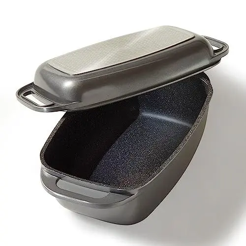Produktbild: STONELINE Aluguss Bräter mit Deckel 40x22 cm, 5,8 L Bräter Induktion Backofengeeignet Für alle Herdarten, Deckel als Auflaufform verwendbar, Bräter Antihaft Beschichtet mit echten Steinpartikeln, Grau