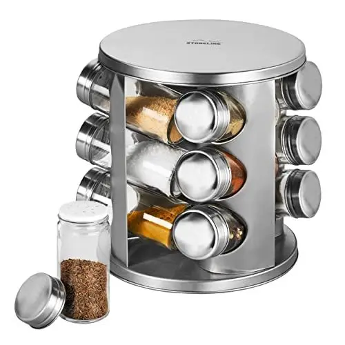 Produktbild: STONELINE Gewürzregal Stehend mit 12 Gewürzgläser, Edelstahl Glas Gewürzkarussell 360° Drehbar Gewürz Organizer Gewürzständer Rund, Gewürzdosen Gewürz Streuer mit Etiketten, Aufbewahrung Küche Zubehör