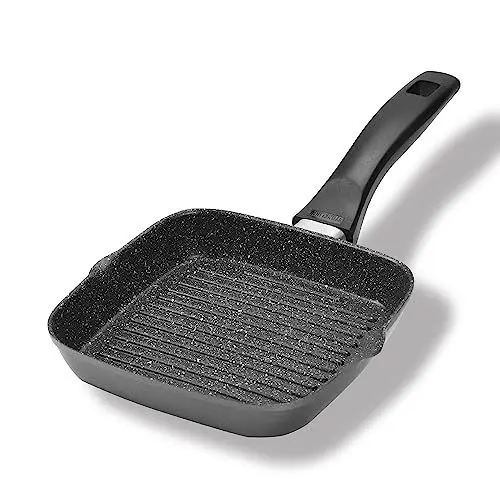 Produktbild: STONELINE Grillpfanne, 16 x 16 cm, Aluguss Pfanne antihaftbeschichtet mit echten Steinpartikeln, Schüttkerben, grau, Kleine Pfanne Induktion und backofengeeignet, Steak Pfanne Eckige Pfanne