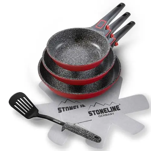 Produktbild: STONELINE Imagination PLUS Pfannen-Set mit Pfannenwender und Vliespfannenschützer, 6-teilig, 20/24/28 cm, abnehmbaren Griffen, induktionsgeeignet, Aluguss, Antihaftbeschichtung mit echten