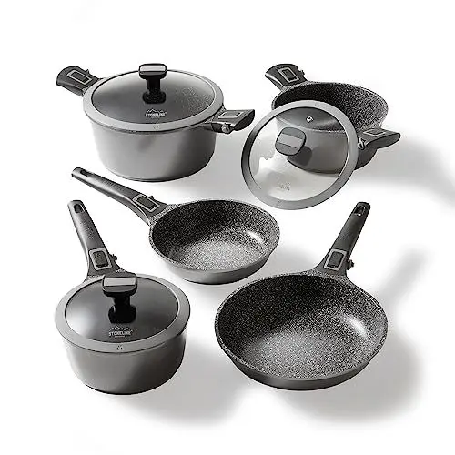 Produktbild: Stoneline Imagination PLUS Topf und Pfannenset, 8-teilig, mit Deckel und abnehmbarem Griff, Induktion, Aluguss, Pfanne mit echten Steinpartikeln beschichtet, grau