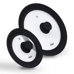 Produktbild: STONELINE Universaldeckel Set 2-teilig für Töpfe Pfannen mit 16/18/20 cm und 24/26/28 Universal Glasdeckel mit abgestuftem Silikonrand Platinsilikon, hitzebeständig platzsparend, 6 Größen, Farbe:
