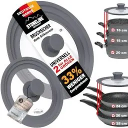 Produktbild: STONELINE Universaldeckel Set 2-teilig für Töpfe Pfannen mit 16/18/20 cm und 24/26/28 Universal Glasdeckel mit abgestuftem Silikonrand Platinsilikon, hitzebeständig platzsparend, 6 Größen, Farbe: Grau