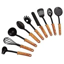 Produktbild: STONELINE Back to Nature 9-teiliges Nylon Küchenhelfer Set mit praktischer Stütze, Hitzebeständige Küchenutensilien für Antihaft Pfanne Topf, Küchenzubehör integrierte Küchenhelferablage, Holzoptik
