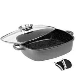 Produktbild: STONELINE Eckpfanne, 24x24 cm, mit Aroma Glasdeckel, Induktion, Aluminium, antihaft beschichtet mit echten Steinpartikeln, grau, Pfanne rechteckig, ohne Fett oder Öl kochen und braten