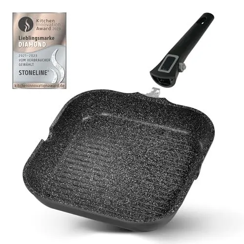 Produktbild: Stoneline Imagination Plus Grillpfanne, Ø 28 x 28 cm, Aluguss, Grillpfanne beschichtet mit echten Steinpartikeln, grau, Grillpfanne Induktion und backofengeeignet, Steak Pfanne
