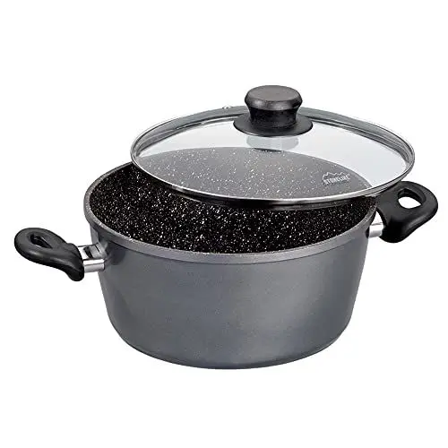 Produktbild: STONELINE Aluguss Kochtopf 16 cm, Kleiner Topf mit Deckel 1,6 L, Antihaft beschichtet mit echten Steinpartikeln, Kochtopf Induktion 16 cm, für alle Herdarten, Backofen, Kochen ohne Fett oder Öl, Grau