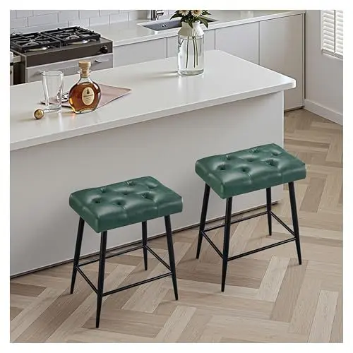 Produktbild: STOOLINK Barstuhl 2er Set, Barhocker mit Fußstütze, Tresenhocker mit Mikrofaser-Leder, Retro Barhocker 62.5 cm hoch, Küchenhocker Ohne Lehne für Küche, Bistro, Esszimmer-Grün