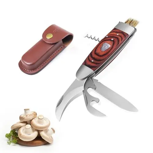 Produktbild: STOOLS Pilzmesser mit Bürste, klappbares Pilzmesser, Pilzmesser Outdoor-Klappmesser, Zweihandmesser mit PU-Scheide zum Pilzsammeln Pilzkultur Pilzzucht-Set （3-in-1）