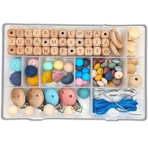 Produktbild: Storchenkind® 142 Teile DIY Bastelset inkl. Videoanleitung, personalisiertes Geschenk zur Geburt, Babyparty Spiele, Silikon- und Holzperlen zum selber machen Set