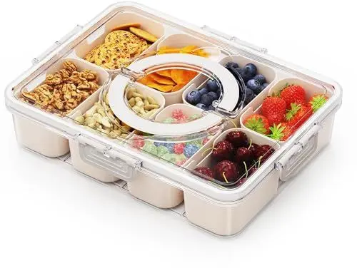 Produktbild: STORICANS Snackbox Mit Fächern, Snackschale mit Deckel und Griff, Snackteller für SüßIgkeiten Süßigkeiten Keks Nüsse Obst Veggie, Snack Box für Picknicks Familientreffen und Snackteller im Couchbar