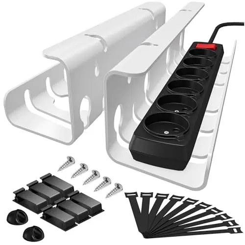 Produktbild: StowBin Kabelkanal Schreibtisch fürs Kabel Management - 2er Set Edelstahl Kabel Organizer Schreibtisch - Inkl. Zubehör - Kabelmanagement Schreibtisch - Cable Organizer Desk, White