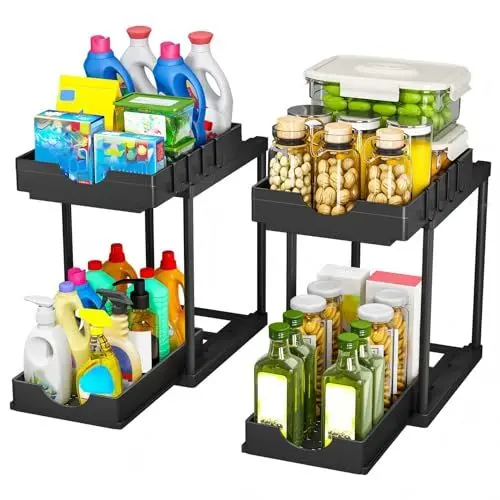 Produktbild: StowBin Küchen Organizer, 2 Pack Unter Waschbecken Regal mit 4 Haken, Spülschrank Organisation, Badezimmer Organizer, Schrank Organisation, Ordnungssystem für Küche