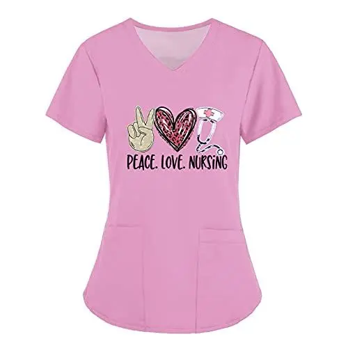 Produktbild: STPT Kasacks Damen Pflege Tunika Kurzarm Schlupfkasack Arbeitsuniform V-Ausschnitt Kurzarm Herzmuster-Buchstabendruck Pflege Kasack Schlupfhemd Berufskleidung Bluse mit Taschen, Rosa, 5XL
