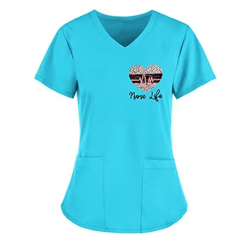 Produktbild: STPT Kasacks Dienstkleidung für Damen Pflege Tunika Kurzarm Schlupfkasack Arbeitsuniform V-Ausschnitt Herz-Patchwork-Druck Kasack Schlupfhemd Berufskleidung Bluse mit Taschen, Blau, 3XL