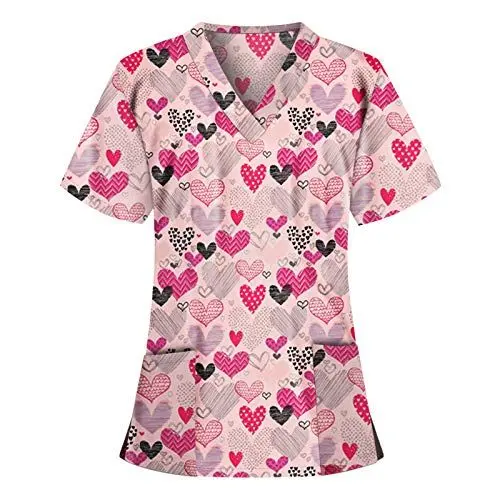 Produktbild: STPT Schlupfhemd Bluse Kurzarm V-Neck Kasack Damen Pflege mit Karikatur Motiv und Taschen Uniform Berufsbekleidung Krankenschwester Kleidung Schlupfkasack Uniformen, Rosa, S