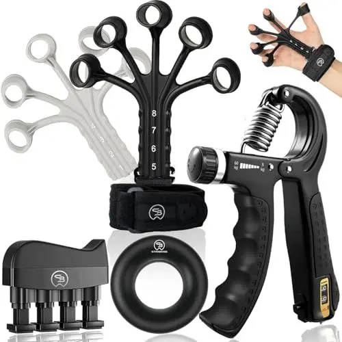 Produktbild: STRABOZZ Handtrainer Fingertrainer, Verstellbares Griffkraft Trainer Set -5-Teilig- Unterarmtrainer, Fingerstrecker Neopren Handgelenk Band - Finger Grifftrainer - Grip Ring, Hand & Unterarm Training