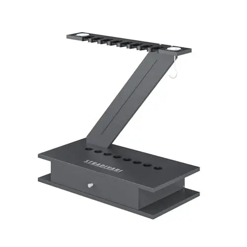 Produktbild: Stradivari Billard Queueständer Zorro im modernen Design | Stabiler, Standfester Ständer für 8 Queues, Kreide, Zubehör | Aus Furnier u. Edelstahl | 70x80x40 cm | Markenqualität