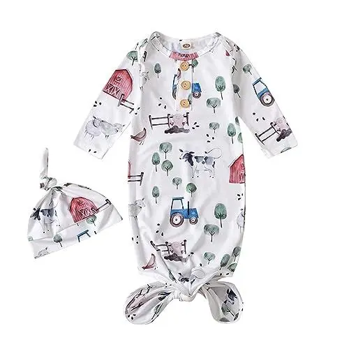 Produktbild: Body Mädchen Kleinkind Mädchen Langarm Bauernhof Print Rundhals Strampler Neugeborenen Overall Bodys Mit Hut Body Ohne Arm 98 (White, 0-3 Months)
