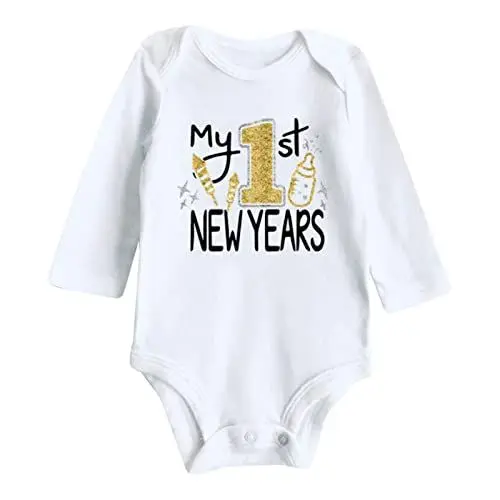 Produktbild: Strampler Junge 80 My First New Year Kleidung Neugeborenes Baby Boy Girl Neujahr Outfits Letter Print Strampler Overall Outfits Wolle Seide Body (White, 9-12 Months)