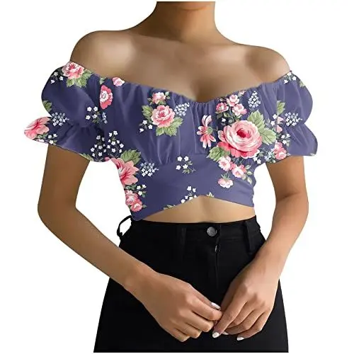 Produktbild: Strand Trägerlos Cooles Summer Hemdbluse Frauen Geblümte Kalte Schulter Ärmel Locker Bauchfreie Volant Off Shoulder Modisches Blusentop Für Damen E522