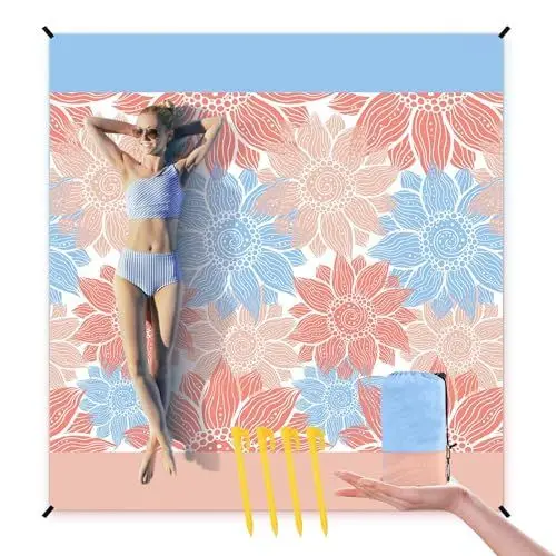 Produktbild: Stranddecke Picknickdecke, Extra große 210 x 200cm sanddichte wasserdichte Strandmatte, Leichte Outdoor-Picknickdecke mit 4 festen Nägeln, verstärkte Einfassung für Strand, Camping, Wandern, Picknick