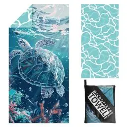 Produktbild: Strandhandtuch Groß - 180 x 100 cm Strandtuch Mikrofaser mit Tasche, Saugfähig und Schnell Trocknende Strandtuch, Weiches & Leichtes Beach Towel für Strand, Reise, Schwimmen (Schildkröten)