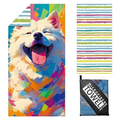 Produktbild: Strandhandtuch Groß - 180 x 100 cm Strandtuch Mikrofaser mit Tasche, Saugfähig und Schnell Trocknende Strandtücher, Weiches & Leichtes Beach Towel für Strand, Reise, Schwimmen (Hund)