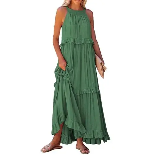 Produktbild: Sommerkleider Damen lang Elegant Kleid Blumenmuster Neckholder Rüschen Freizeitkleider mit Taschen Maxi Kleider Für Damen Sommer Amazon Essentials Damen Kleid Kleider Damen Sommer Lang 2024