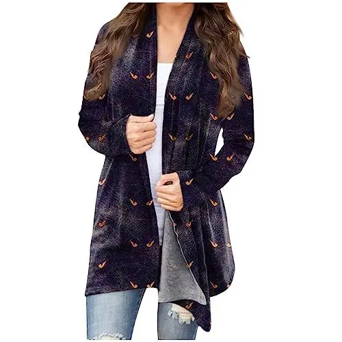 Produktbild: Strandkleid Damen Lang Sommer Cardigan Damen Herbst Cardigan Oversized Warme Rundhals Cartoon Langen Ärmel Longtops Damen Lockere Horror Dicke Arbeits Gold