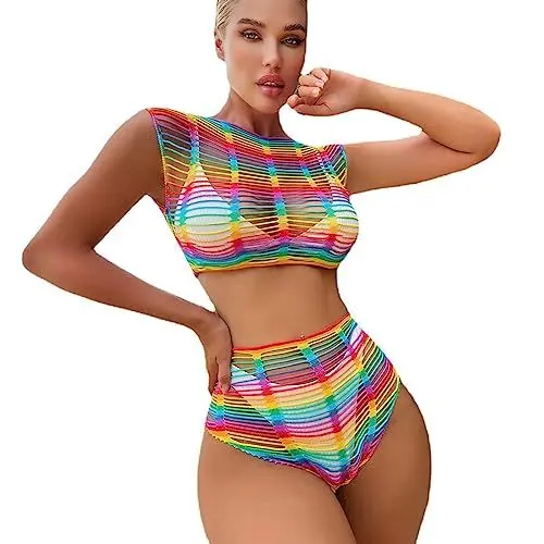 Produktbild: Strandkleid Damen Sommer Sexy Regenbogen Netzoberteil Bikini Cover Up Strandtunika Pareo Sarong Strandrock Strandmode Y2K Aesthetic Clothes Hippie Rave Festival Outfit SL1105 Einheitsgröße