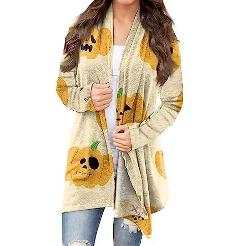 Produktbild: Strandmode Damen Tunika Cardigan Frauen Polyester Winter Fließende Cardigan Rundhals Cartoon Lockere Langar Longtops Woman Moderne Weich Party Gelb
