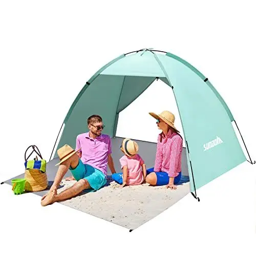 Produktbild: Strandmuschel, 2-3 Personen Familie Zelt UV Schutz 50+ Strandzelt XXL Stabil Windschutz mit Vorder und Hintertür Luftzirkulation SBS Reißverschluss Kleines Packmaß für Strand, Garten