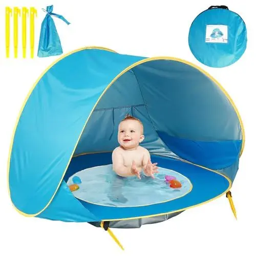 Produktbild: Strandmuschel Baby mit Pool, TGKYK 117 * 79 * 70CM Strandzelt Baby mit 4 Haken, Pop-up Strandmuschel UV Schutz Baby, Baby Strandmuschel Strandzelt für den Sonnenschutz von Kindern im Freien (Blau)