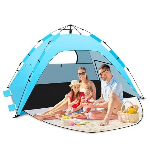Produktbild: Strandmuschel Pop Up,Tonfarb Quick Up Strandzelt,Automatische Instant Pop Up Strandzelt mit 3 Erweiterbarer Veranda, UPF 50+ Easy Setup Strandmuschel für Strand, Familie, Garten, Camping-Blau