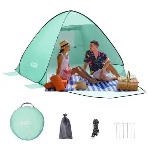 Produktbild: Strandmuschel Pop Up Strandzelt Automatisches Strand Camping Zelt 2-3 Personen/2-4 Personen UV-Schutz 50+ Extra Light Tragbar Sonnenschutz Zelt für Familien Camping Strand Garten (Grün, 2 Personen)