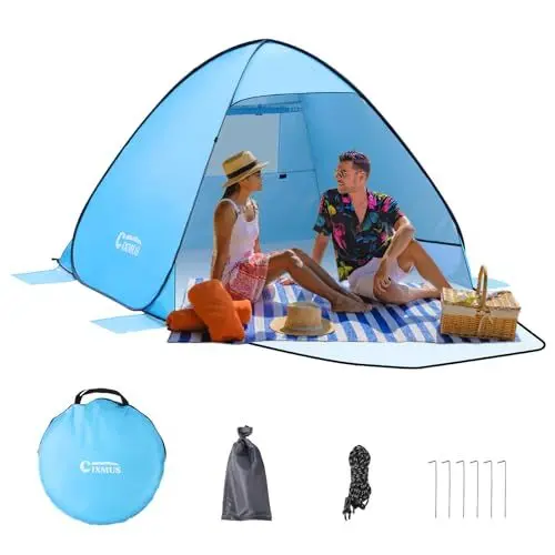 Produktbild: Strandmuschel Pop Up Strandzelt Automatisches Strand Camping Zelt 2-3 Personen UV-Schutz 50+ Extra Light Tragbar Sonnenschutz Zelt für Familien Camping Strand Garten (Blau, 2 Personen)